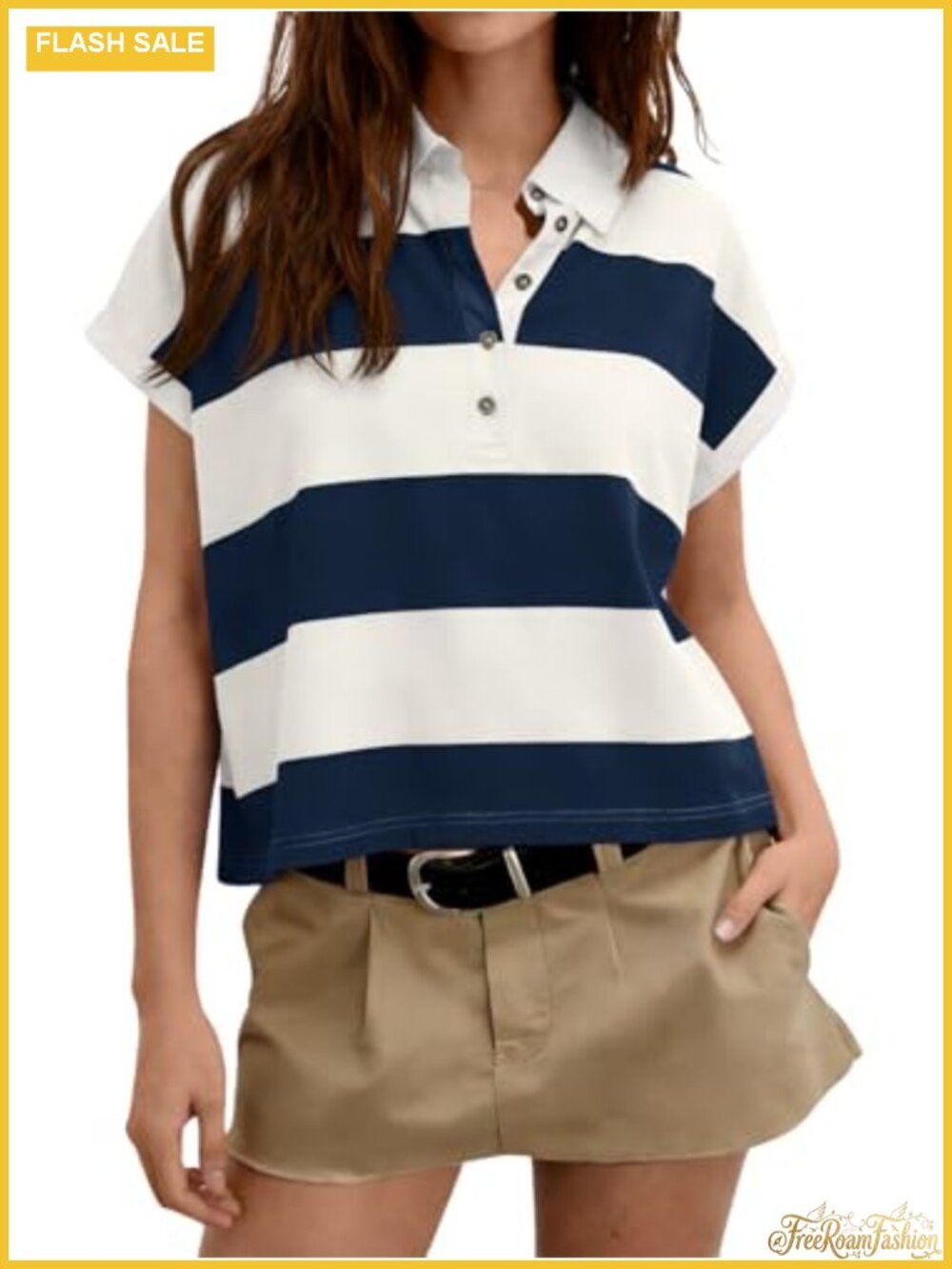 Womens Short Sleeve Rugby Polo Shirt Striped Collared Loose Fit Top